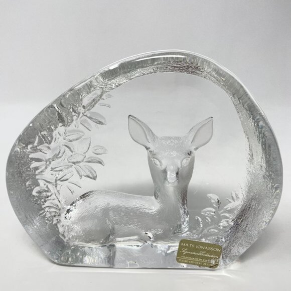 Mats Jonasson Baby Fawn Signed Lead Crystal Swedish Art Glass Paperweight - Picture 1 of 10